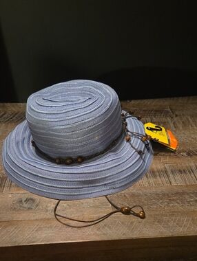 Sun Day SPF 50 Women’s Blue Straw Sun Hat with Bead Trim